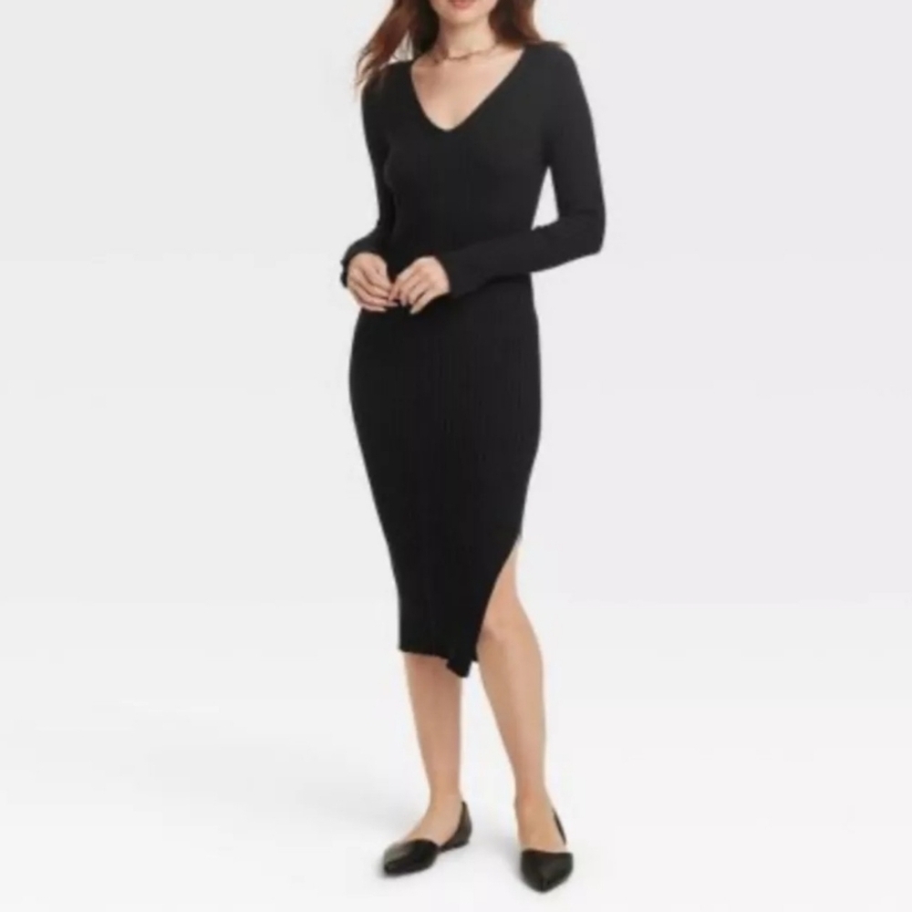 A New Day BLACK V-Neck Midi Sweater Dress XS Slit Sleeves Left Side Slit